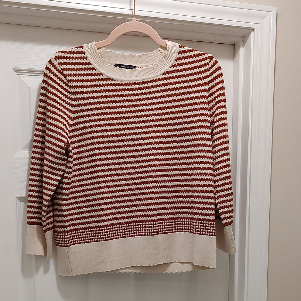 Adrianna Papell Cream and Rust Striped Scoopneck Sweater
